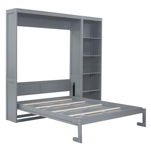 Queen Murphy Bed with Storage Bookcase Shelves, Wood Folding Grey Wall Bed Cabinet I26548