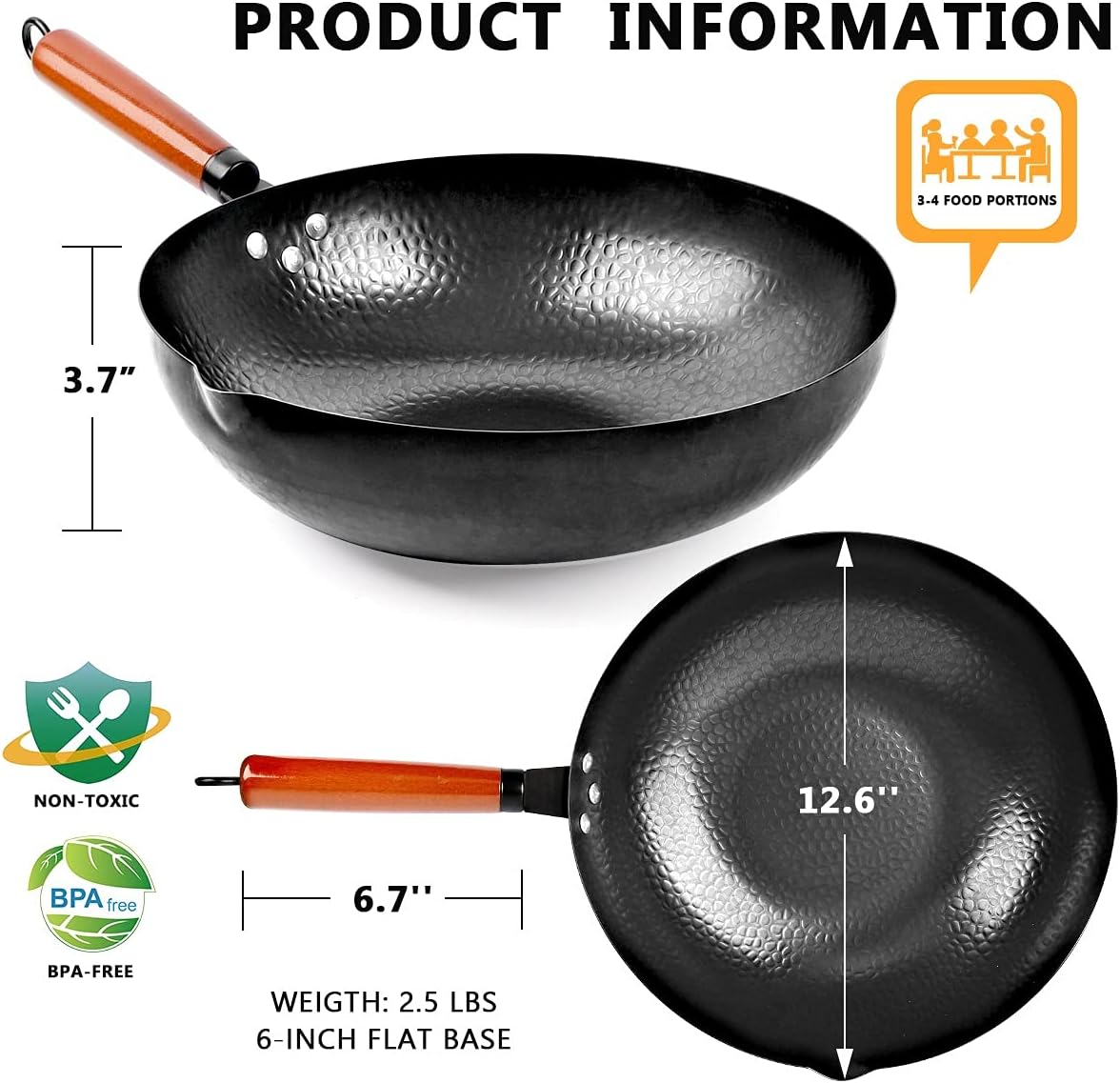 Carbon Steel Wok Pan Set with Wooden Lid, Flat Bottom, 14 Piece R623