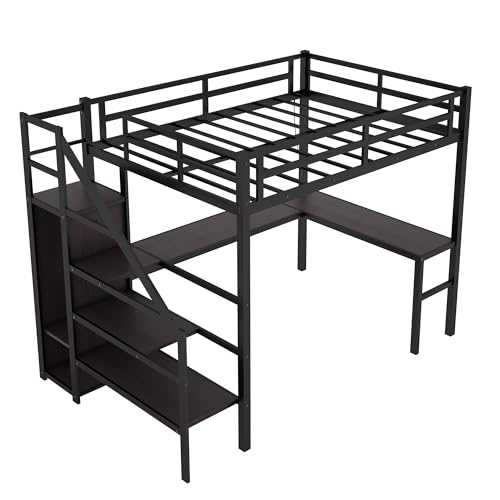 Metal Loft Bed with Wardrobe and L-Shaped Desk, Full Size with Storage Cubes and Shelves J450846