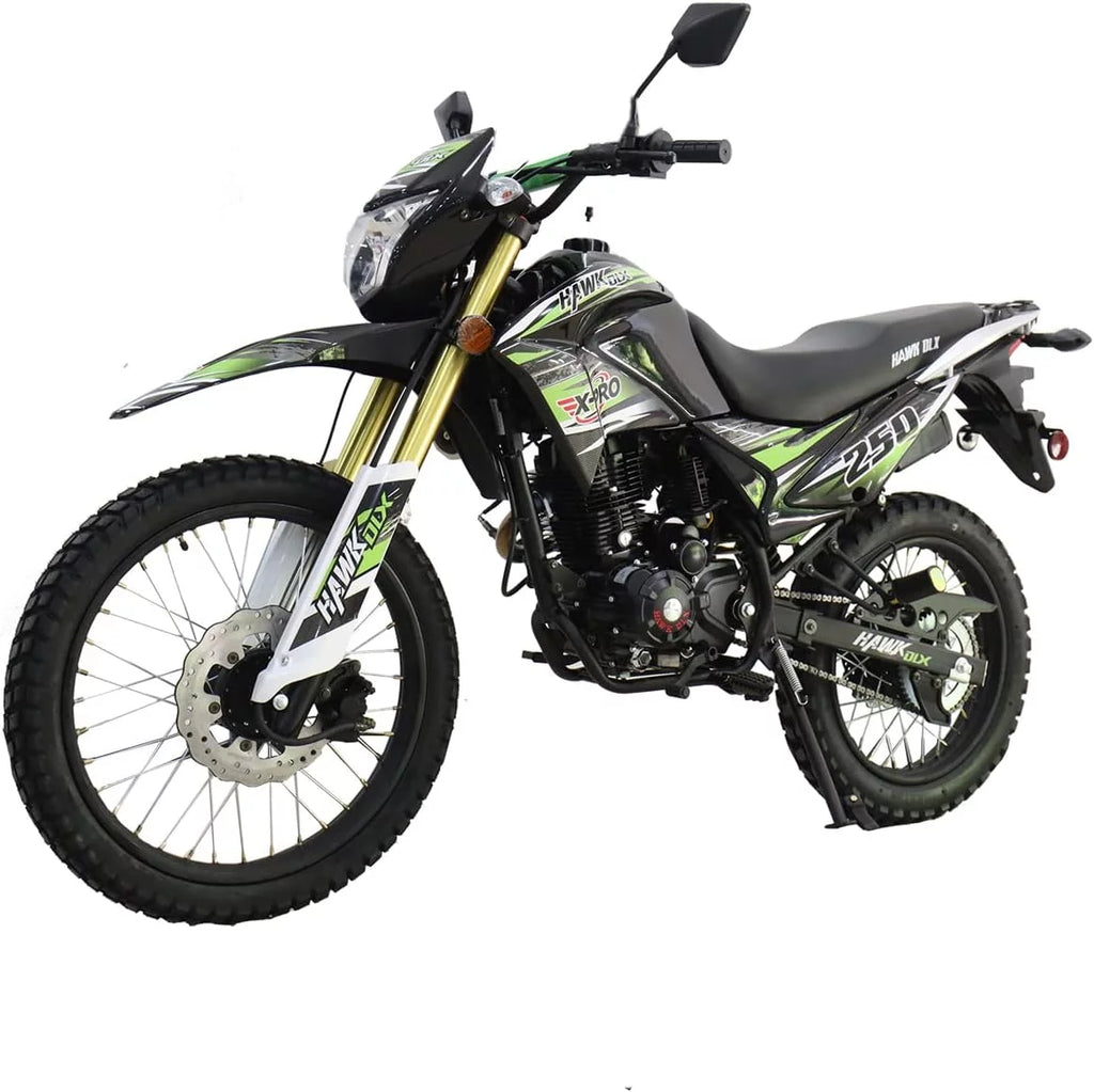 X-Pro Brand New Hawk Dlx 250cc Dirt Bike, 5 Manual Transmission Electric/Kick Start, 21"/18" Wheels