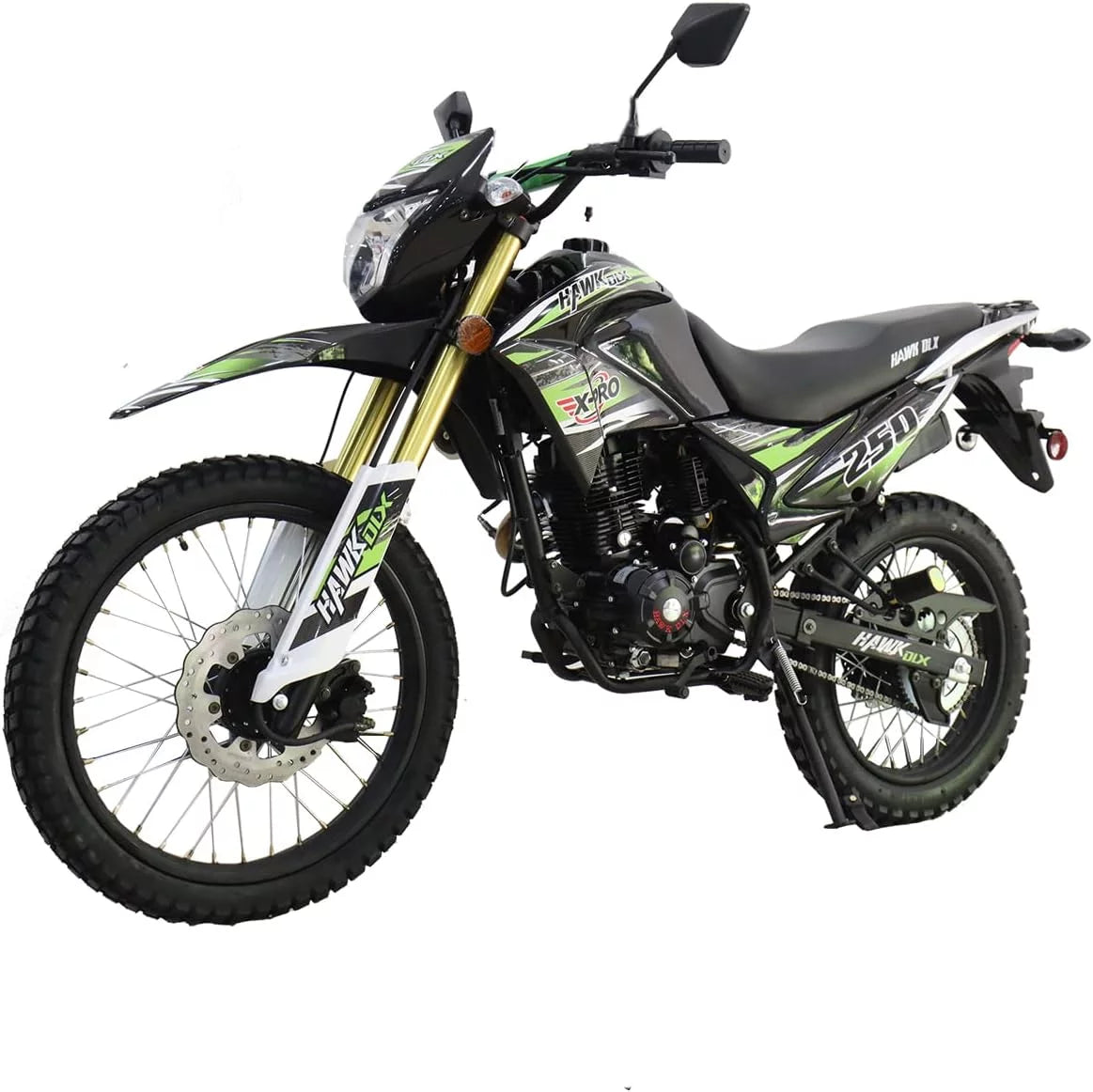 X-Pro Brand New Hawk Dlx 250cc Dirt Bike, 5 Manual Transmission Electric/Kick Start, 21"/18" Wheels