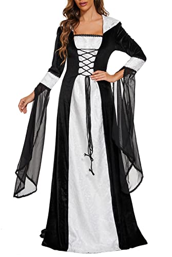 Medieval Victorian Dress for Women, Vintage Witch Halloween Costume with Hood W9109