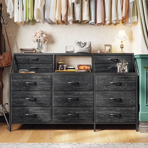 55" Dresser with 13 Fabric Drawers and 2 Open Shelves, Rustic Brown K688