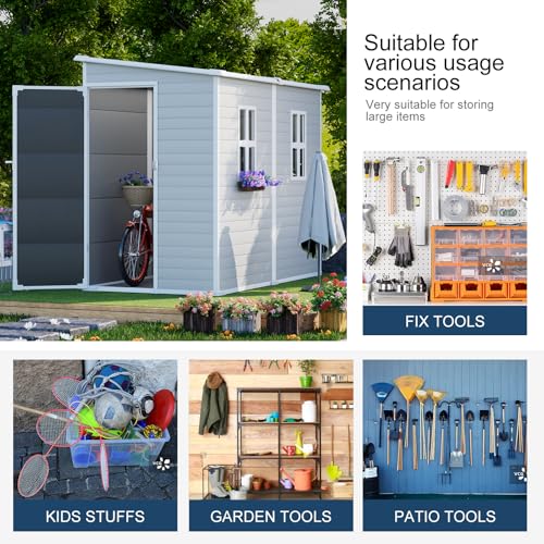 Outdoor Resin Storage Shed with Floor 8x6x7 FT Waterproof, Gray U422