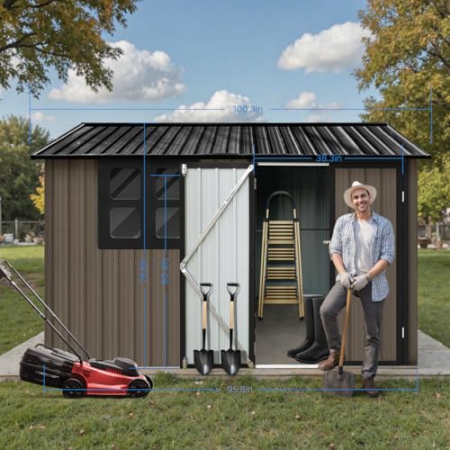 10 x 8 ft Outdoor Storage Shed, Metal Building with Windows and Lockable Doors, Grey Q206