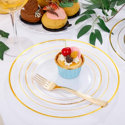350PCS Clear Gold Plastic Dinnerware Set for 50 Guests, Disposable Plates, Cups & Silverware N692