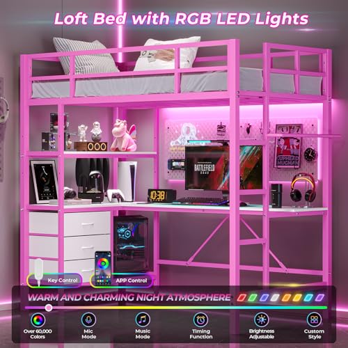 Loft Bed Full Size with L-Shaped Desk and Charging Station G796