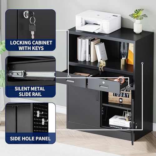 Locking Cabinet with 2 Drawers, Metal Storage Cabinet with Locking Doors and Shelves J89434