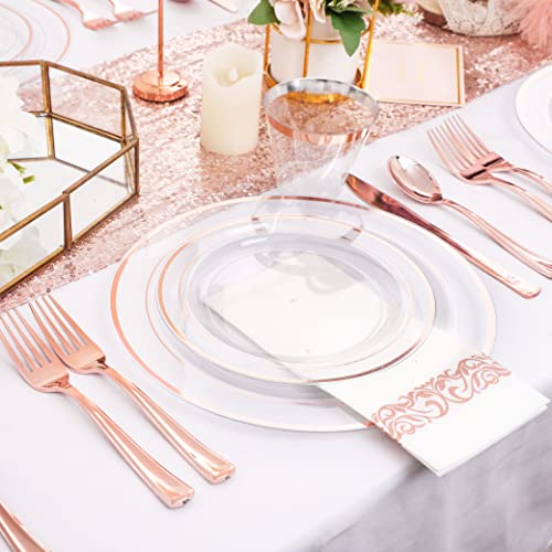 350PCS Clear Gold Plastic Dinnerware Set for 50 Guests, Disposable Plates, Cups & Silverware N692