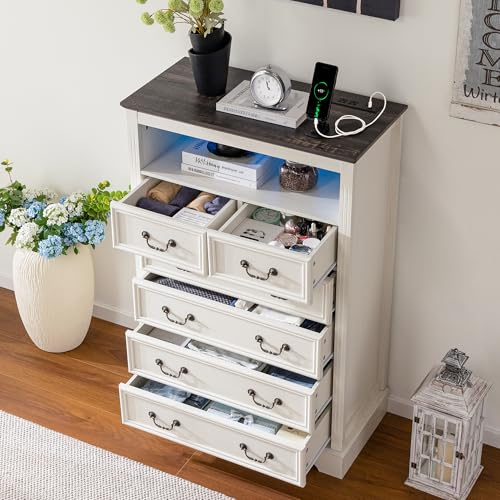 6-Drawer Dresser with Charging Station and LED Light, Vintage Gray R907