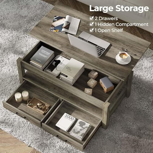 Lift Top Coffee Table with Drawers and Hidden Compartment, Wooden Retro Design for Living Room N4328