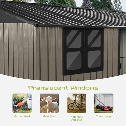 10 x 8 ft Outdoor Storage Shed, Metal Building with Windows and Lockable Doors, Grey Q206