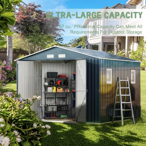 Outdoor Storage Shed 10 x 12 ft Metal Garden Utility with Lockable Doors U582216