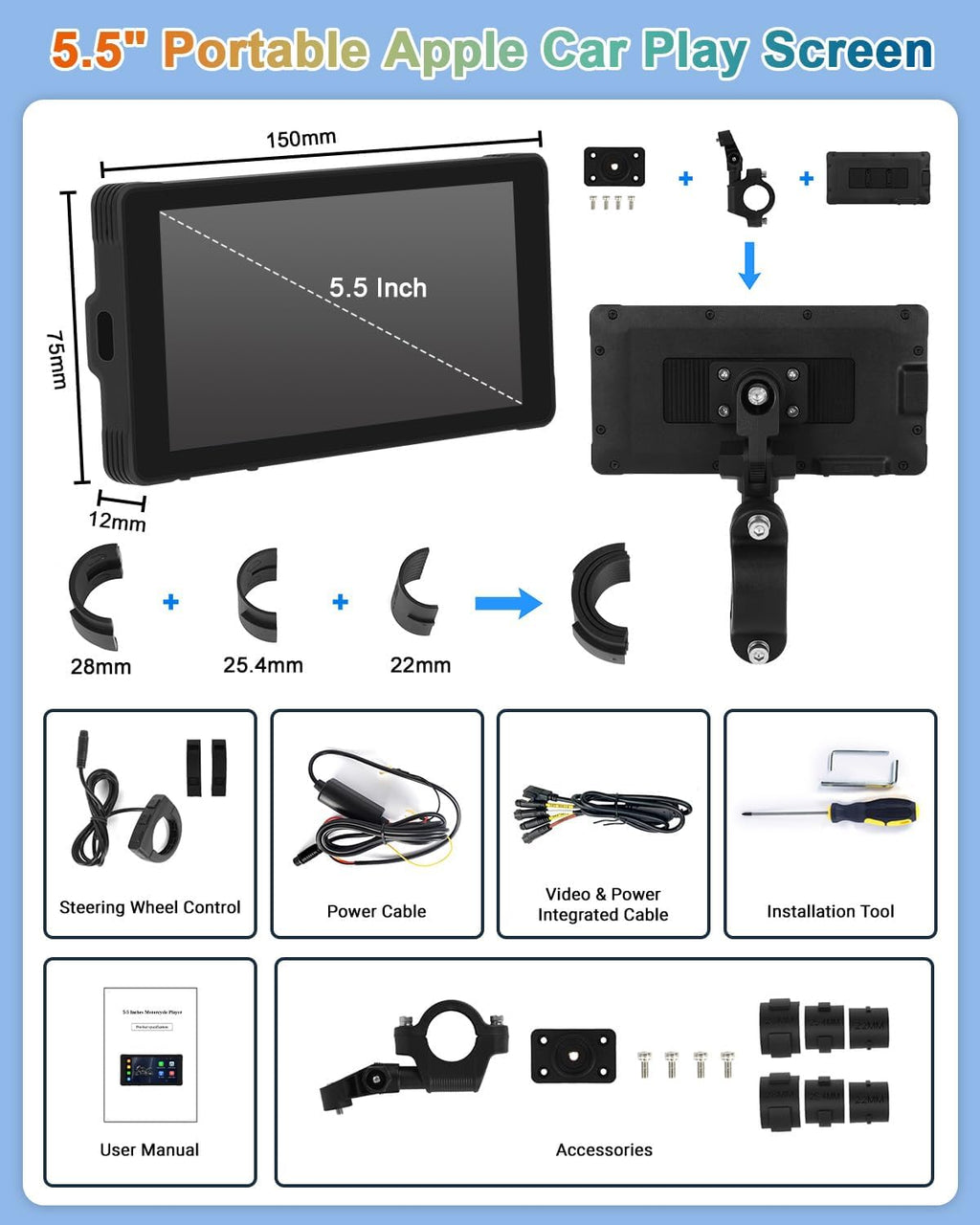 Portable 5.5'' CarPlay Screen for Motorcycle, Wireless CarPlay & Android Auto, GPS Navigation T9106