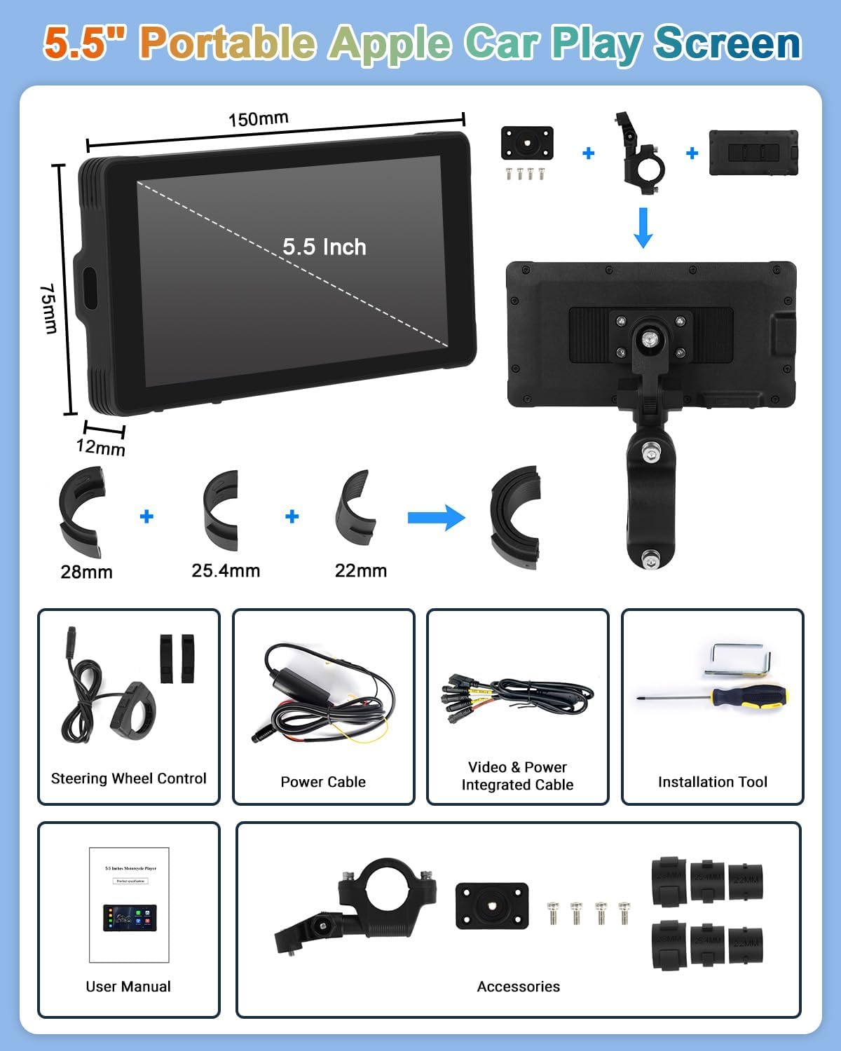 Portable 5.5'' CarPlay Screen for Motorcycle, Wireless CarPlay & Android Auto, GPS Navigation T9106