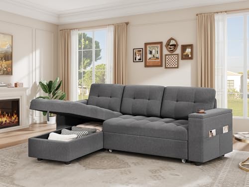 L-Shaped Sofa Bed with Chaise, USB Port and Storage, Dark Gray C750