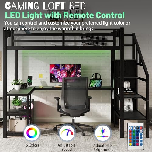 Queen Loft Bed with L-Shaped Desk and Stairs, Metal Frame, Black F92113