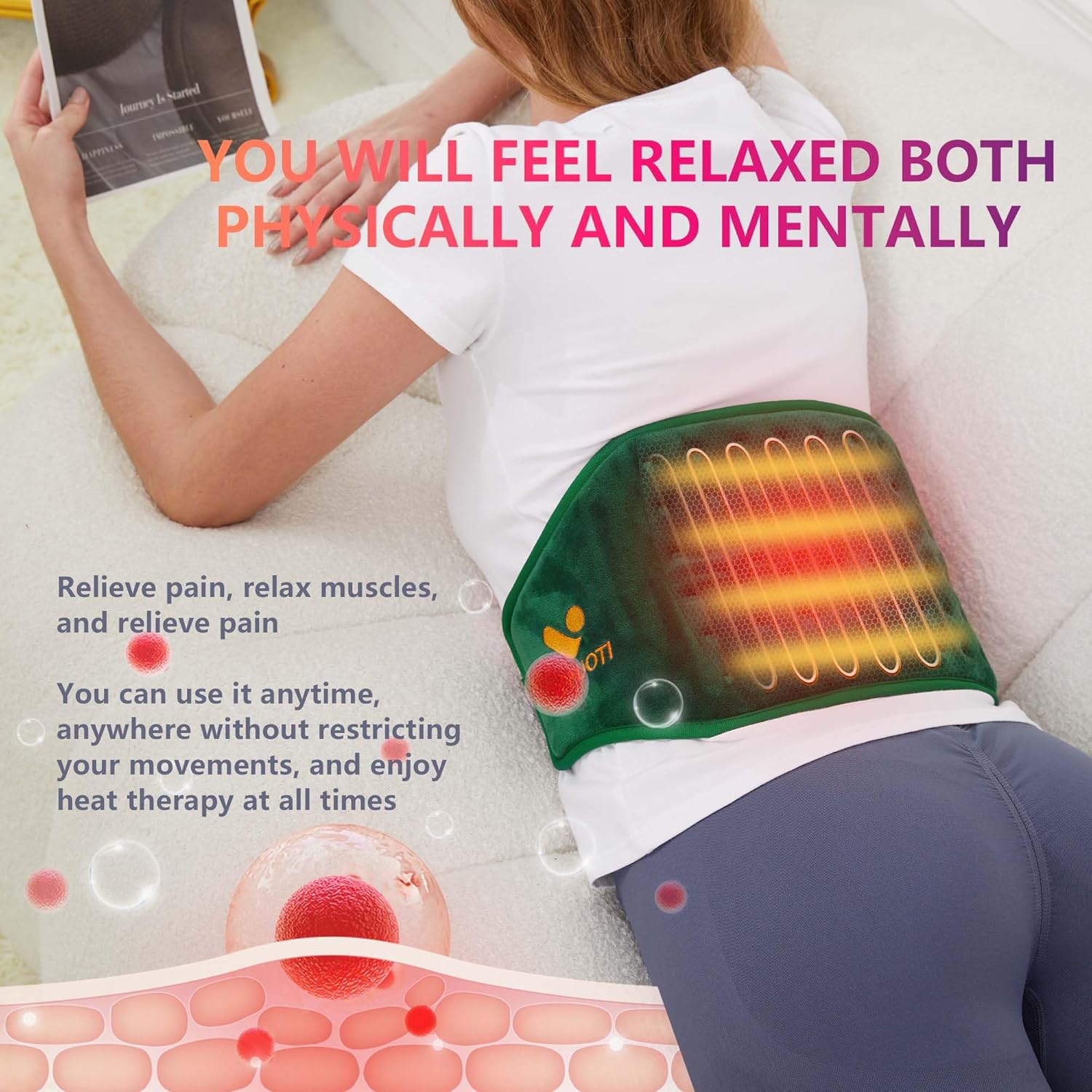 Cordless Heating Pad with Battery, 3 Heat Settings for Back Pain Relief D439