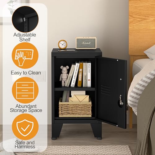 Black Metal Nightstand with Storage Cabinet and Shelves M836