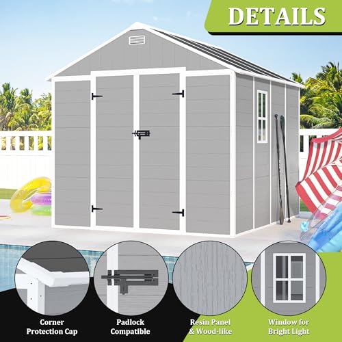 Outdoor Resin Storage Shed 8x8 ft Waterproof Garden Shed with Lockable Doors W96159