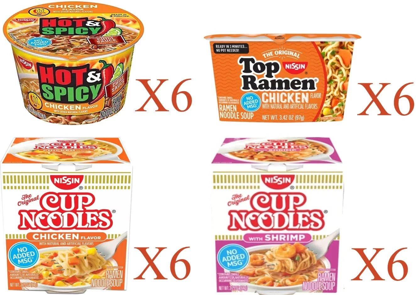 Instant Noodle Soup Variety Pack 24 Cups, 4 Flavors W405