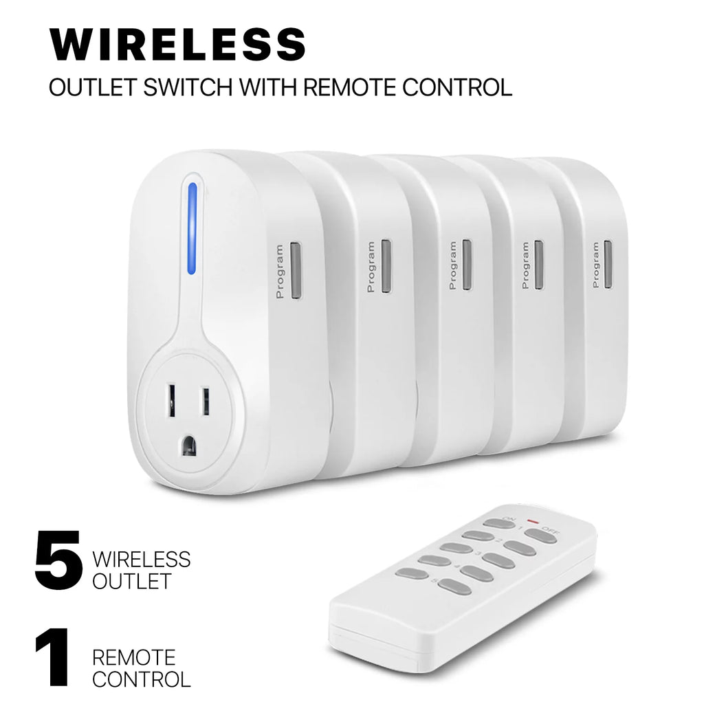 Wireless Remote Control Plug Outlet with On Off Switch (5 Pack) for Indoor Lamps and Appliances B163439
