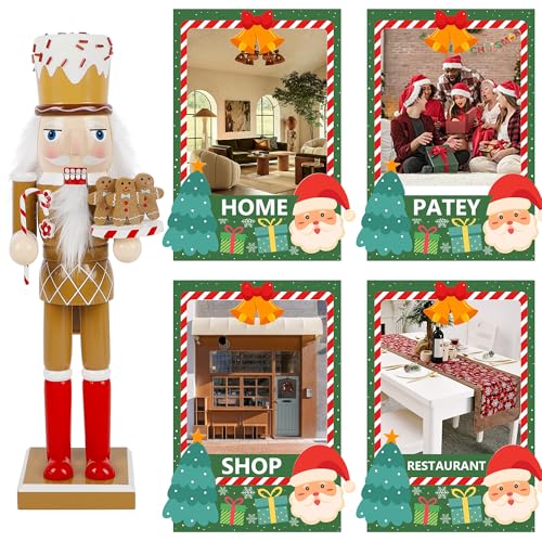 14 Inch Christmas Nutcracker Figures, Wooden Santa Chef Holding Gingerbread Men, Tabletop Centerpiece Decor R14704