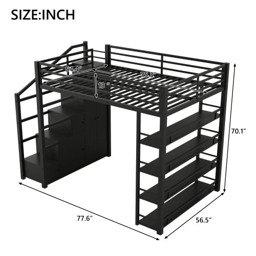 Full Size Loft Bed with Wardrobe and L-Shaped Desk, Metal with Storage Cubes, White Q15057