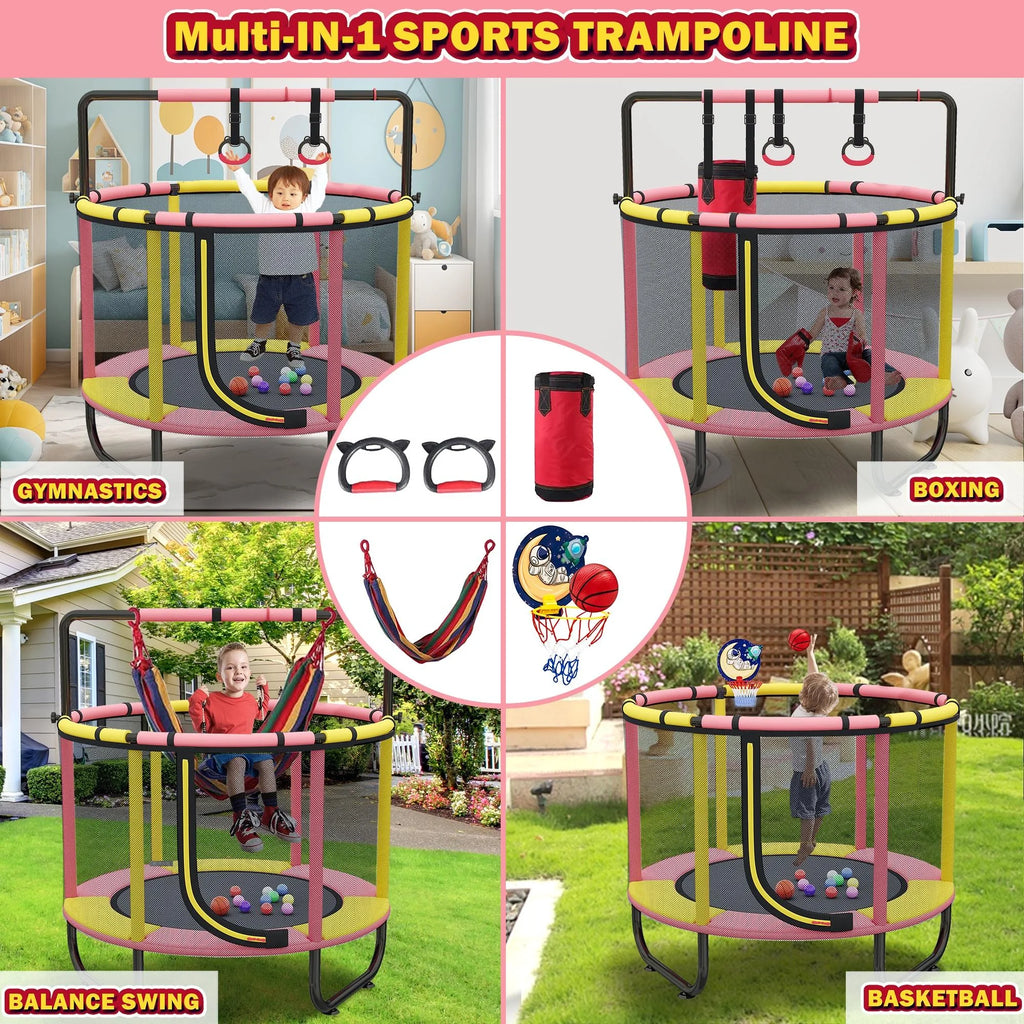 Mini Trampoline for Toddlers with Enclosure and Basketball Hoop F952