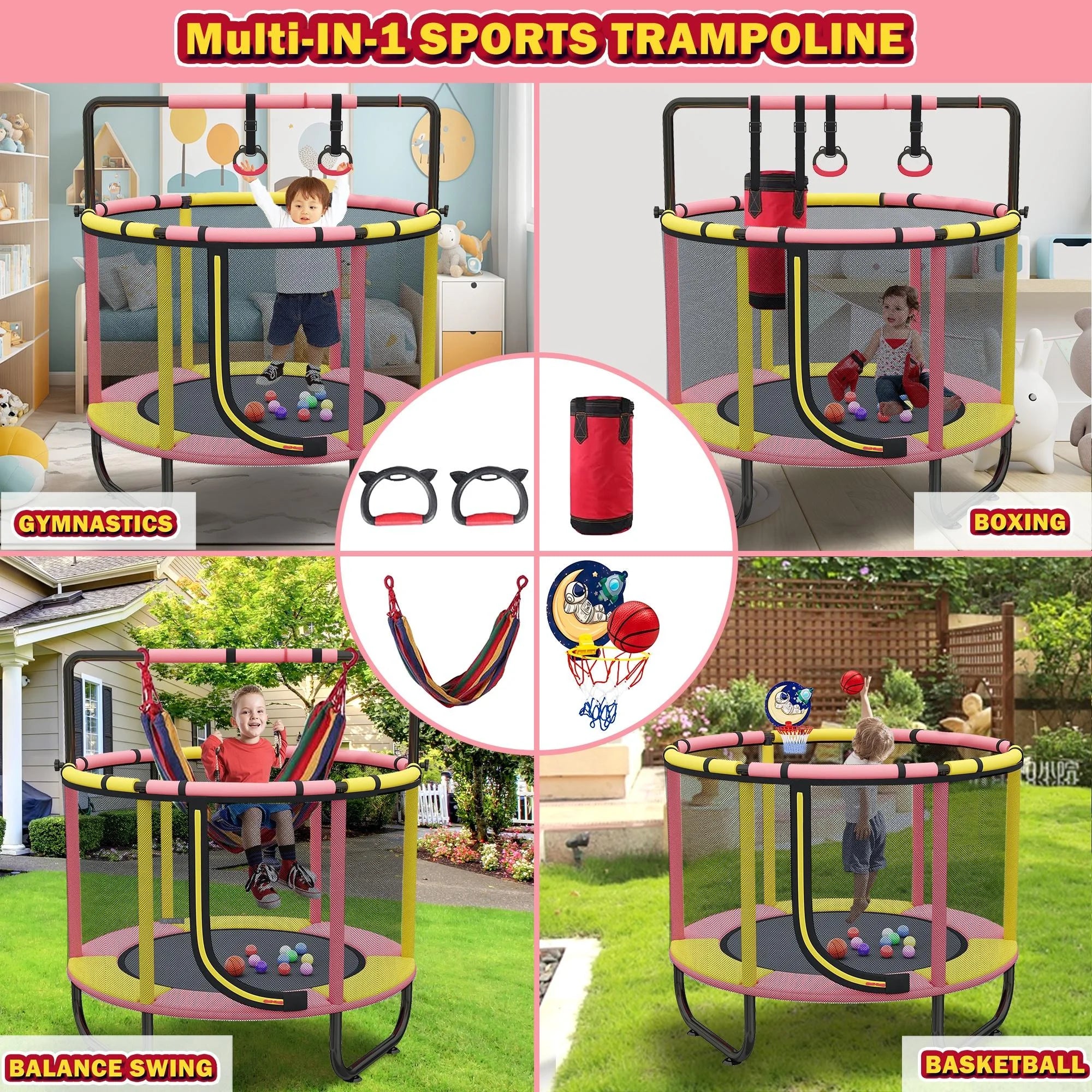 Mini Trampoline for Toddlers with Enclosure and Basketball Hoop F952