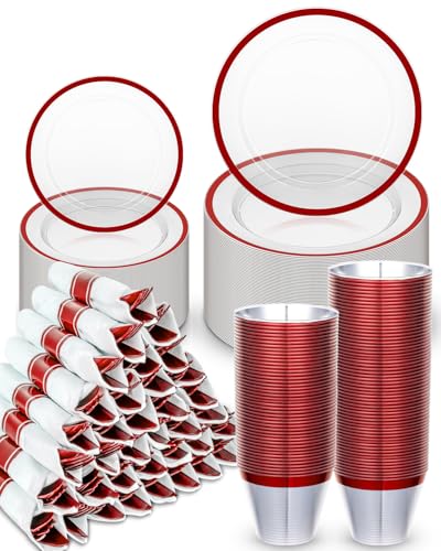 Disposable Plates Set for 50 Guests, Plastic Dinnerware with Cups and Napkins J193