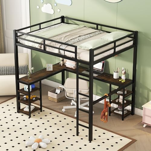 Full Size Loft Bed with Wardrobe and L-Shaped Desk, Metal with Storage Cubes, White Q15057