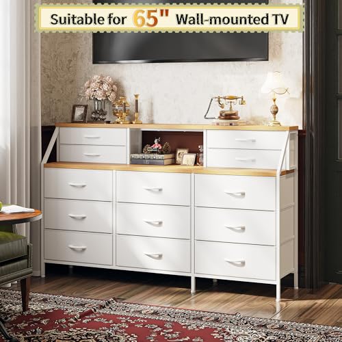 55" Dresser with 13 Fabric Drawers and 2 Open Shelves, Rustic Brown K688