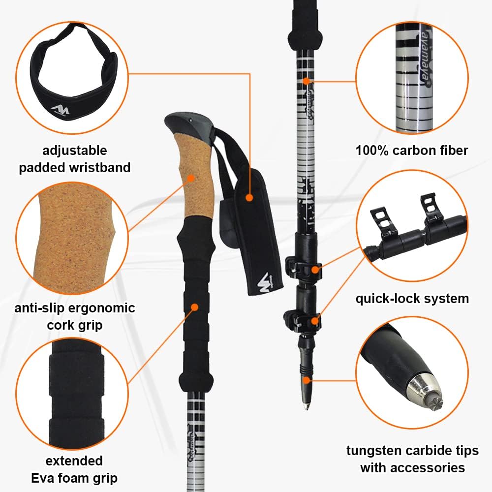 Carbon Fiber Trekking Poles with Cork Handle, Ultralight Telescopic, 53 Inch Z25625