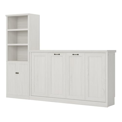 Twin Murphy Bed with Side Cabinets and Bookcase, Foldable Wall Bed for Guest Room, White X864