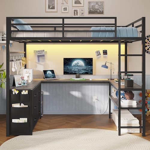 Loft Bed Full Size with U-Shaped Desk, Storage Drawers, Power Outlet, LED, Safety Guardrail & Ladders P611917