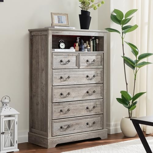 6-Drawer Dresser with Charging Station and LED Light, Vintage Gray R907