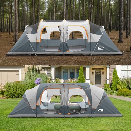 12-Person Camping Tent, 3 Room Family Tent, Waterproof Windproof with Carry Bag Q601154