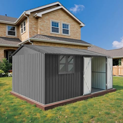 10 x 8 ft Outdoor Storage Shed, Metal Building with Windows and Lockable Doors, Grey Q206