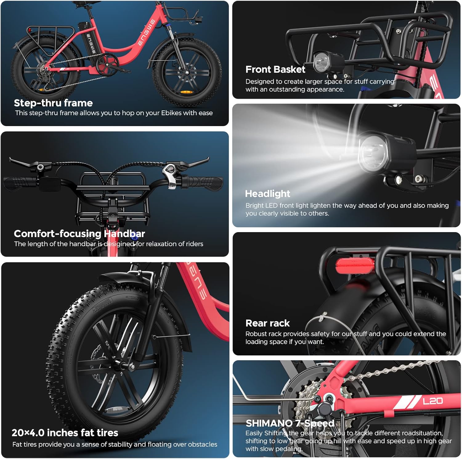 Electric Bike for Adults 20" Fat Tire Step-Thru 48V 7-Speed A16496