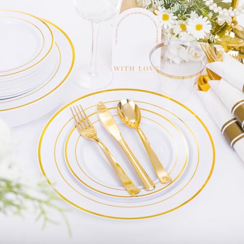 350PCS Clear Gold Plastic Dinnerware Set for 50 Guests, Disposable Plates, Cups & Silverware N692