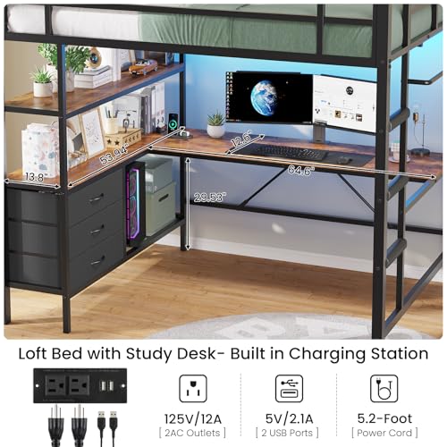 Loft Bed Full Size with L-Shaped Desk and Charging Station G796