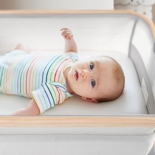 Bedside Crib Bassinet with Travel Bag, Removable Mattress, Height Adjustable - Grey J537094