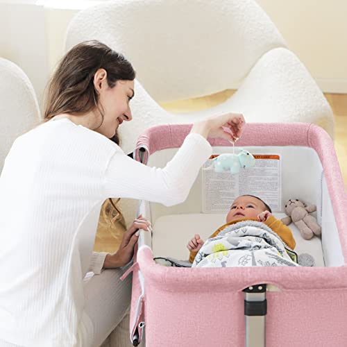 Baby Bassinet Bedside Sleeper with Storage Basket, Easy Folding, Adjustable, Pink D26019