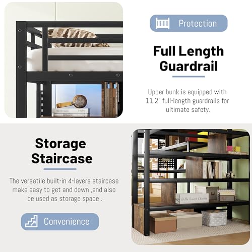 Queen Loft Bed with L-Shaped Desk and Stairs, Metal Frame, Black F92113