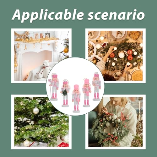 Pink Wooden Nutcracker Ornaments for Christmas Tree, 5 Inch, Set of 5 B857