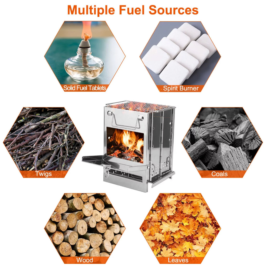 Folding Wood Burning Camp Stove, Portable Stainless Steel Backpacking Stove with Carry Bag V596178