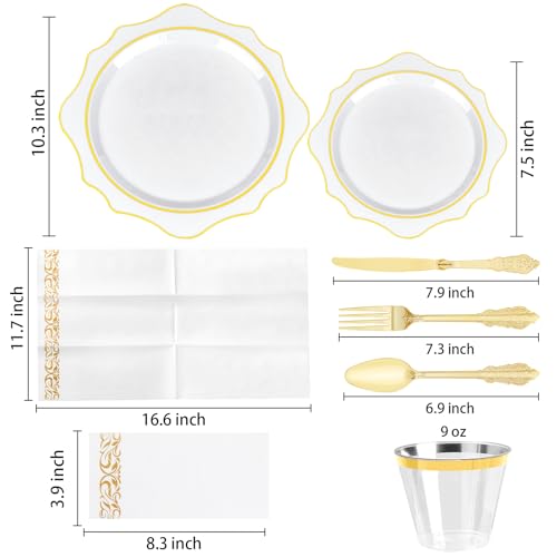350 PCS Gold Plastic Plates with Cups, Silverware and Napkins for Party L8169