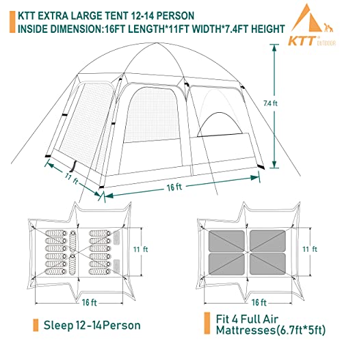 Extra Large Family Cabin Tent 2 Rooms 3 Doors 3 Windows Waterproof for Camping H460