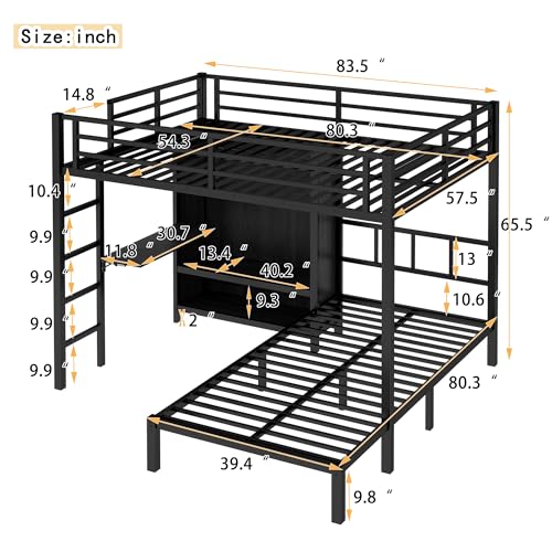 Metal Bunk Bed with Wardrobe Full XL Over Twin L-Shaped with Desk and Shelves R307